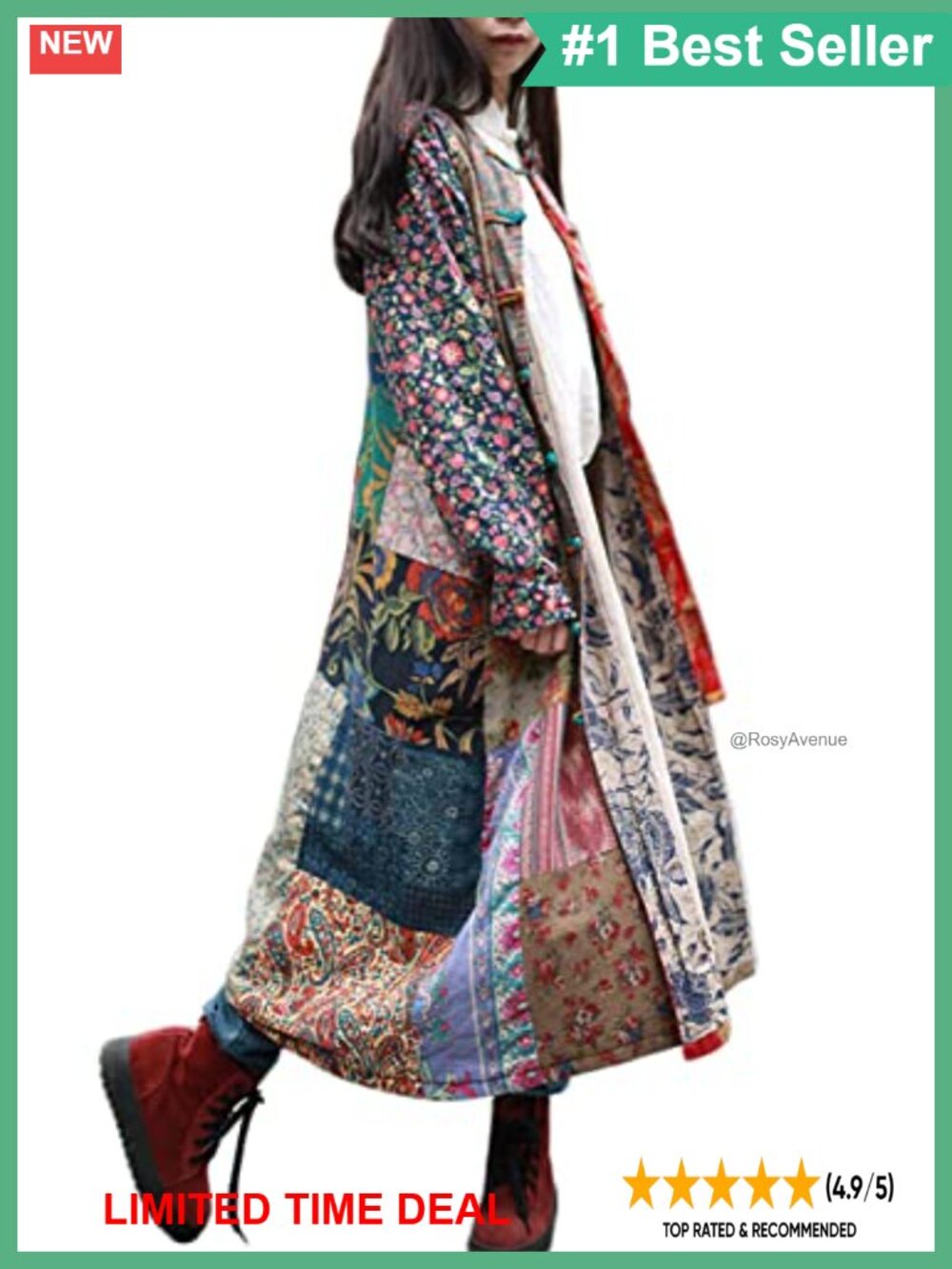Bohemian Floral Patchwork Cotton Linen Trench Coat Loose Fit Long Duster